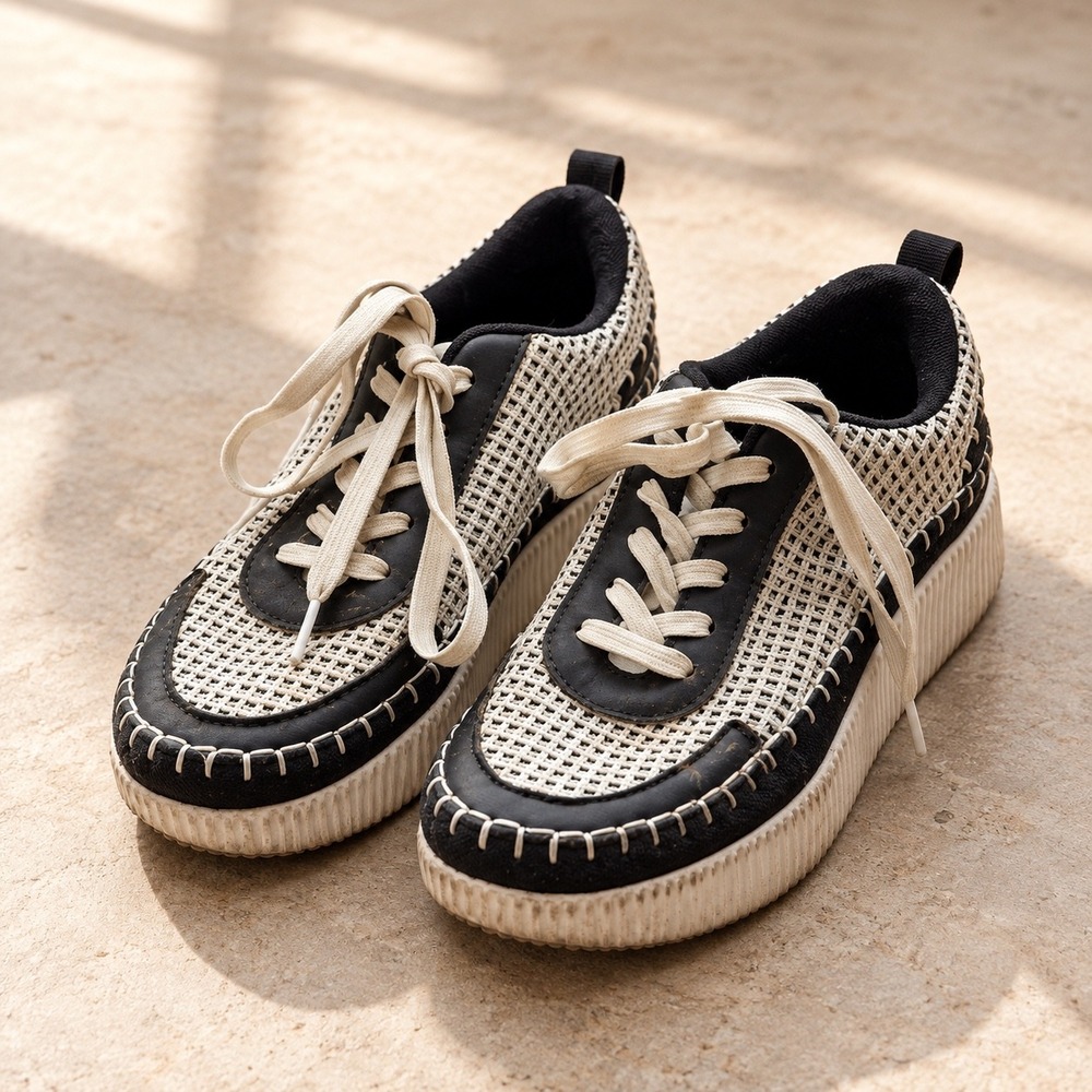 Black White Woven Mesh Platform Sneakers Whipstitch Lace Up Low Top Trainers 6.5
